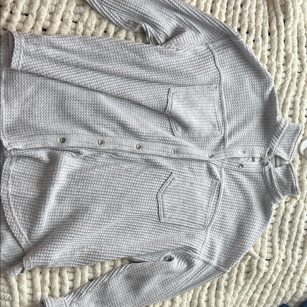 Aerie Gray Button-Up Waffle Knit Shirt